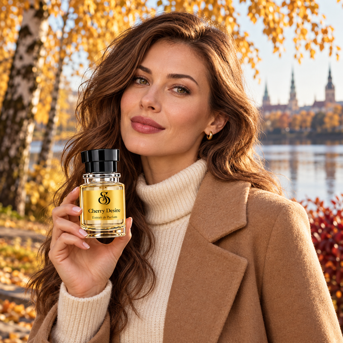 Modele ar JS PARFUME Cherry Desire smaržām zeltainā rudens ainavā pie upes