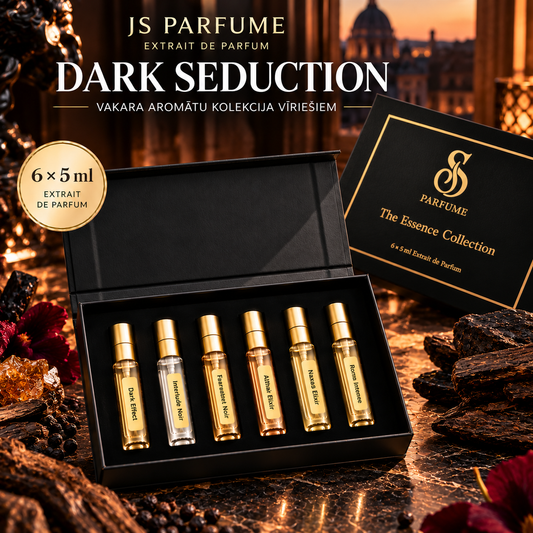 DARK SEDUCTION vīriešu dāvanu komplekts 6 × 5 ml: Dark Effect, Interlude Noir, Fahrenheit Noir, Althair Elixir, Naxos Elixir, Roma Intense
