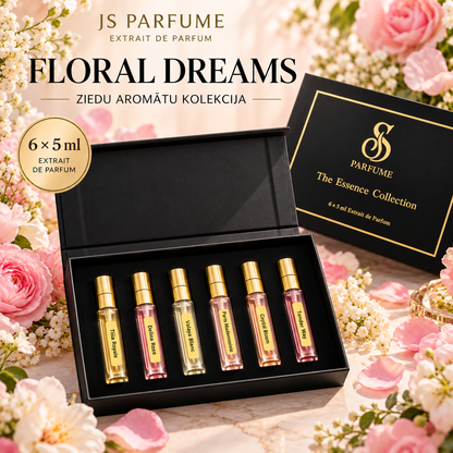 FLORAL DREAMS – sešu 5 ml aromātu dāvanu komplekts: Tilia Royale, Delina Rose, Valaya Blanc, Paris Mademoiselle, Crystal Bloom, Tender Way