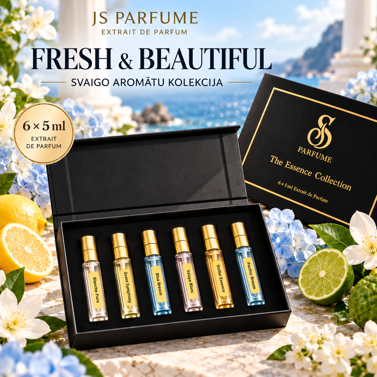 FRESH & BEAUTIFUL – sešu 5 ml smaržu dāvanu komplekts: Blanche Pure, Scent Symphony, Blue Breeze, Valaya Blanc, Stellar Essence un Pacific Breeze