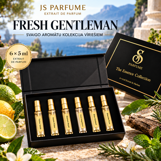 FRESH GENTLEMAN – vīriešu smaržu dāvanu komplekts 6 × 5 ml: Torino Verde, Avent Prime, Elysium Royal, Pure Imagination, Blue Horizont, Blanche Pure