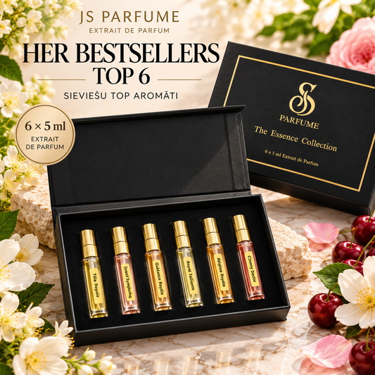HER BESTSELLERS TOP 6 dāvanu komplekts, sešas 5 ml JS PARFUME smaržas melnā kastītē