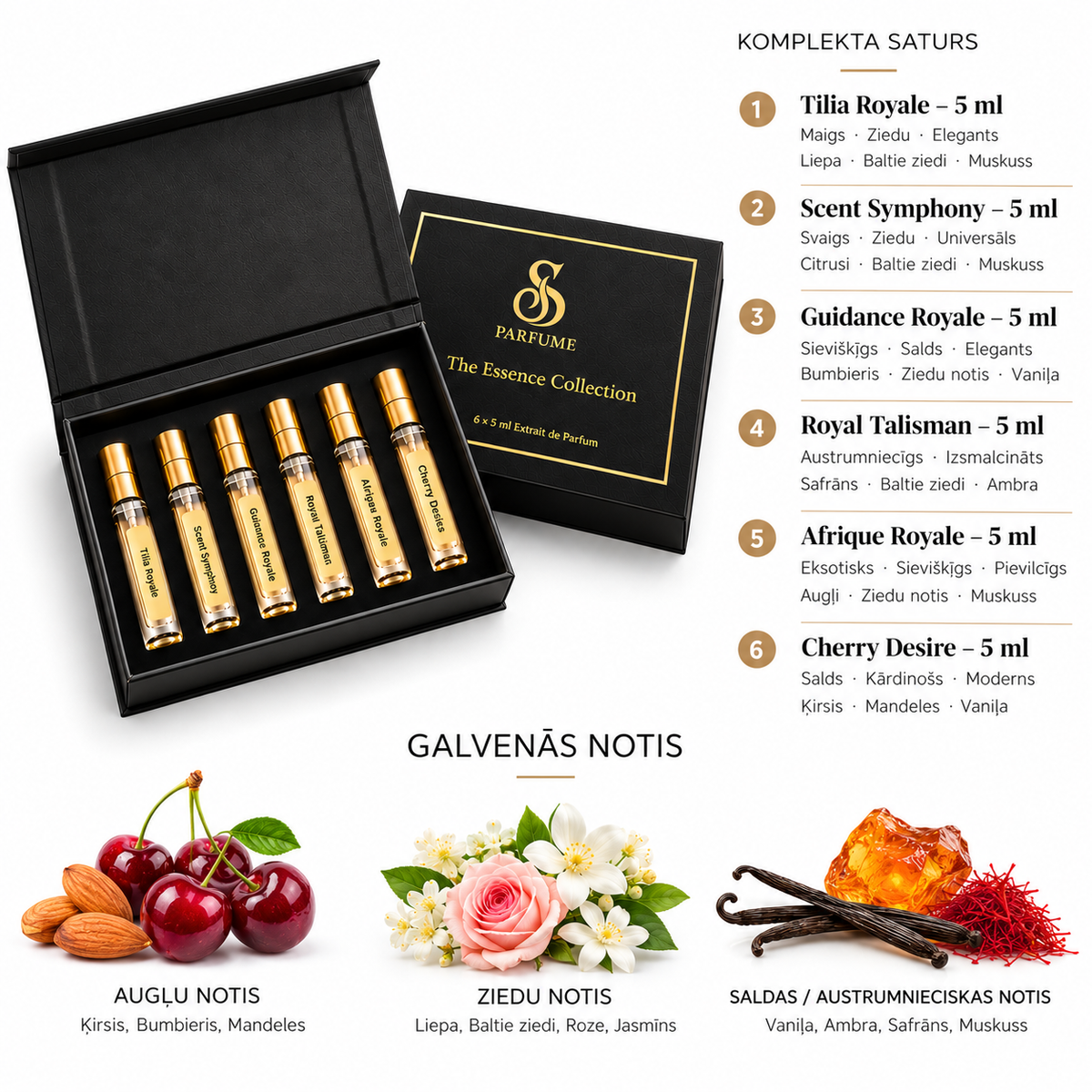 HER BESTSELLERS TOP 6 komplekta sastāvs un notis: Tilia Royale, Scent Symphony, Guidance Royale, Royal Talisman, Afrique Royale, Cherry Desire, katrs 5 ml