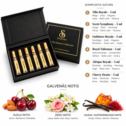 HER BESTSELLERS TOP 6 komplekta sastāvs un notis: Tilia Royale, Scent Symphony, Guidance Royale, Royal Talisman, Afrique Royale, Cherry Desire, katrs 5 ml