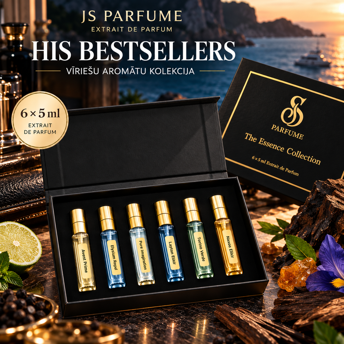 HIS BESTSELLERS TOP 6 – JS PARFUME vīriešu dāvanu komplekts: Avent Prime, Elysium Royal, Pure Imagination, Layton Elixir, Torino Verde, Naxos Elixir; 6 × 5 ml