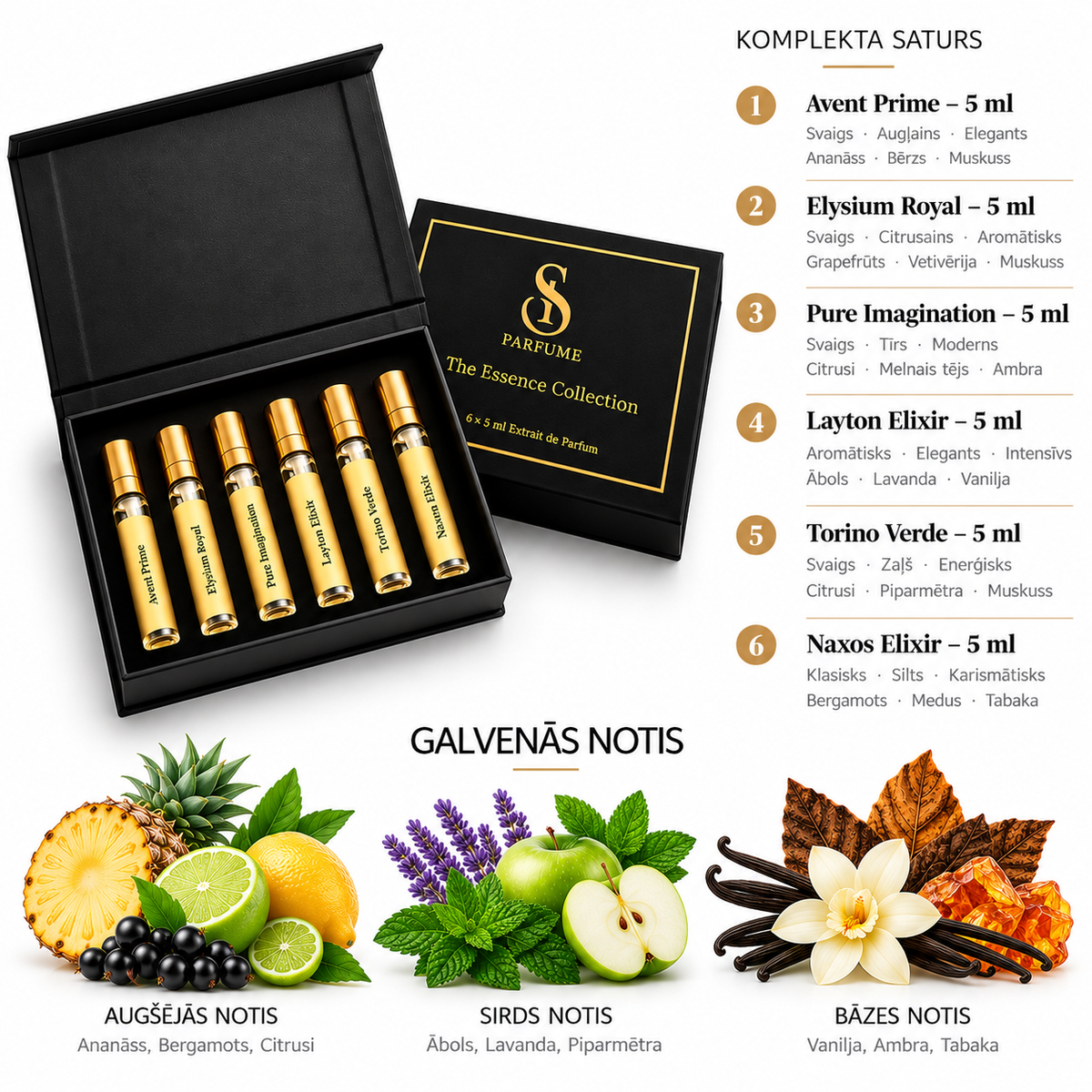 HIS BESTSELLERS TOP 6 – aromātu sastāvs un notis: Avent Prime, Elysium Royal, Pure Imagination, Layton Elixir, Torino Verde, Naxos Elixir; katrs 5 ml