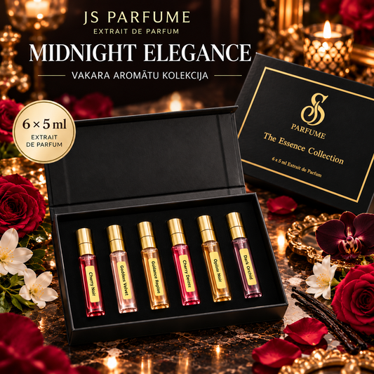 JS PARFUME MIDNIGHT ELEGANCE dāvanu komplekts: Cherry Noir, Goddess Velvet, Guidance Royale, Cherry Desire, Opium Noir un Dark Orchid, 6 × 5 ml