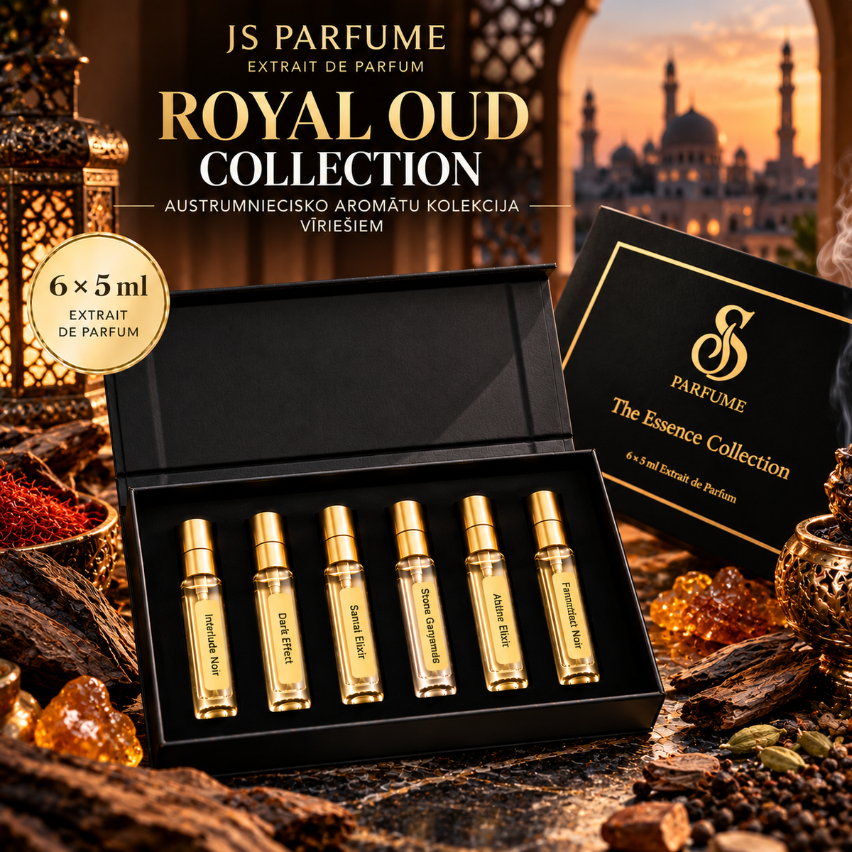 ROYAL OUD COLLECTION dāvanu komplekts 6 × 5 ml: Interlude Noir, Dark Effect, Santal Elixir, Stone Ganymede, Althair Elixir, Fahrenheit Noir