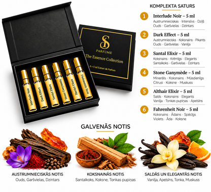 ROYAL OUD COLLECTION – sastāvs un galvenās notis: Interlude Noir, Dark Effect, Santal Elixir, Stone Ganymede, Althair Elixir, Fahrenheit Noir; katrs 5 ml