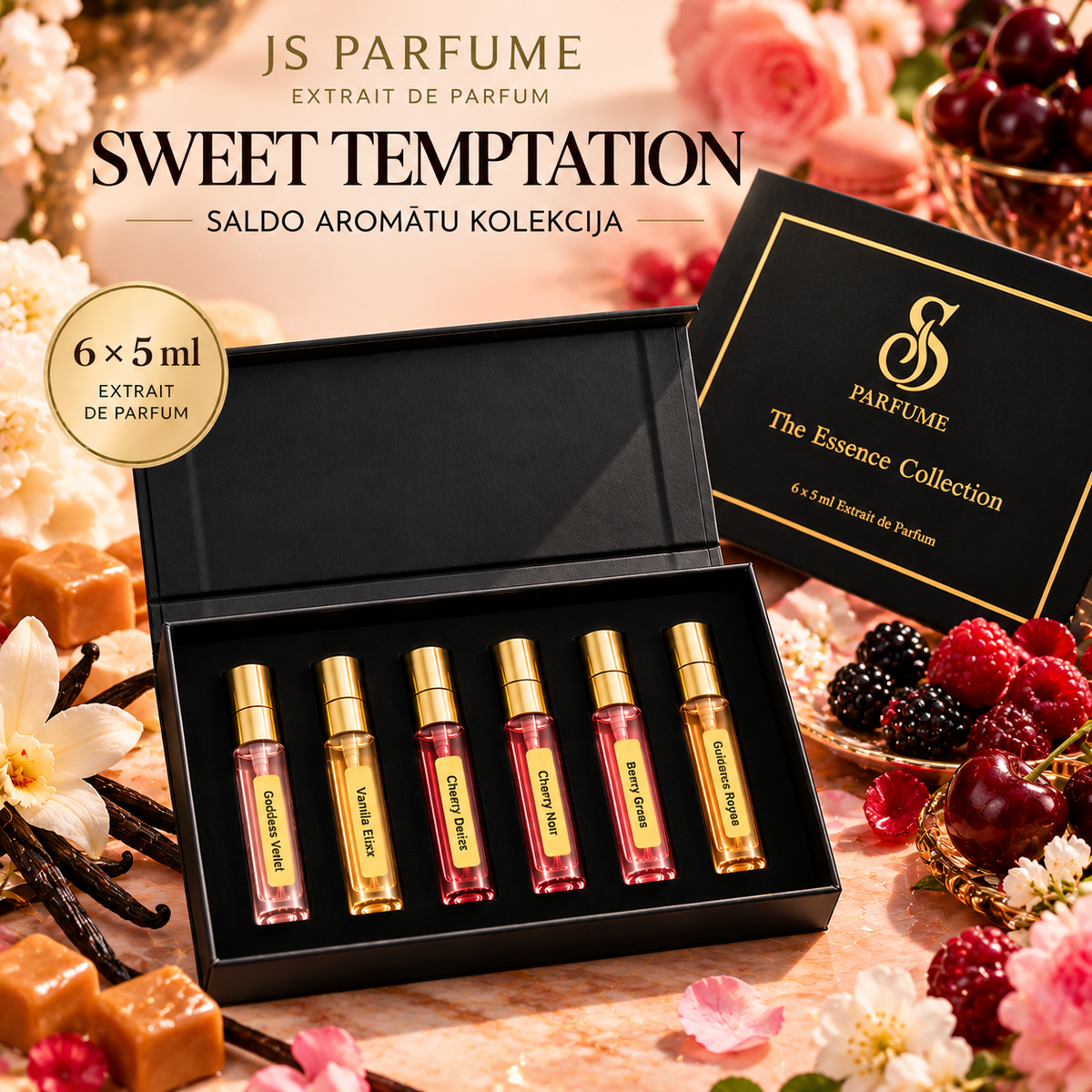 SWEET TEMPTATION smaržu dāvanu komplekts 6 × 5 ml: Goddess Velvet, Vanilla Elixir, Cherry Desire, Cherry Noir, Berry Grace, Guidance Royale