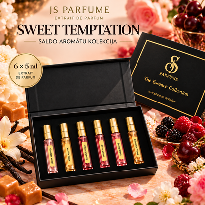 SWEET TEMPTATION smaržu dāvanu komplekts 6 × 5 ml: Goddess Velvet, Vanilla Elixir, Cherry Desire, Cherry Noir, Berry Grace, Guidance Royale