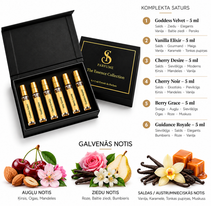 SWEET TEMPTATION – komplekta sastāvs un notis: Goddess Velvet, Vanilla Elixir, Cherry Desire, Cherry Noir, Berry Grace, Guidance Royale; katrs 5 ml