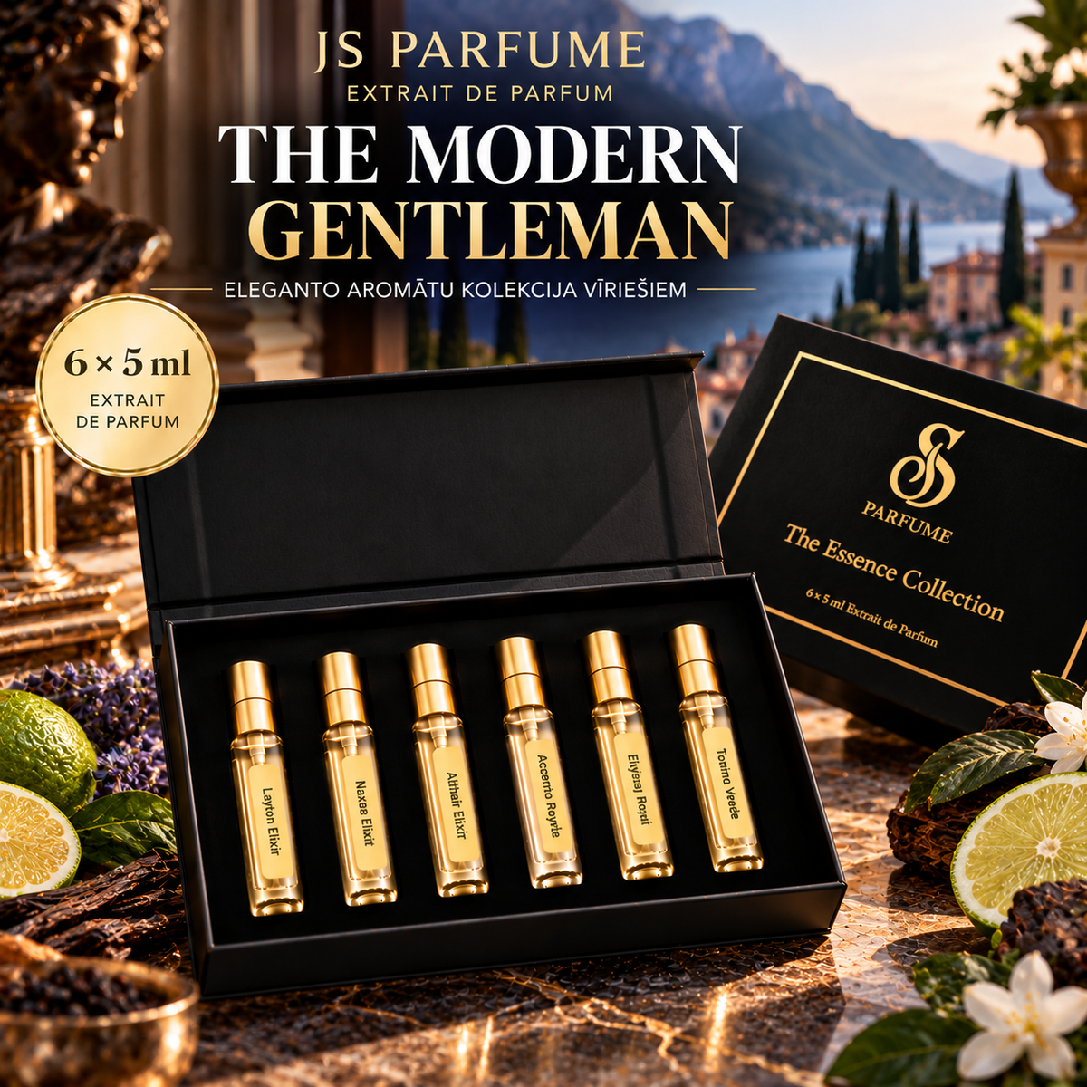 THE MODERN GENTLEMAN – vīriešu smaržu dāvanu komplekts 6 × 5 ml: Layton Elixir, Naxos Elixir, Althair Elixir, Accento Royale, Elysium Royal, Torino Verde