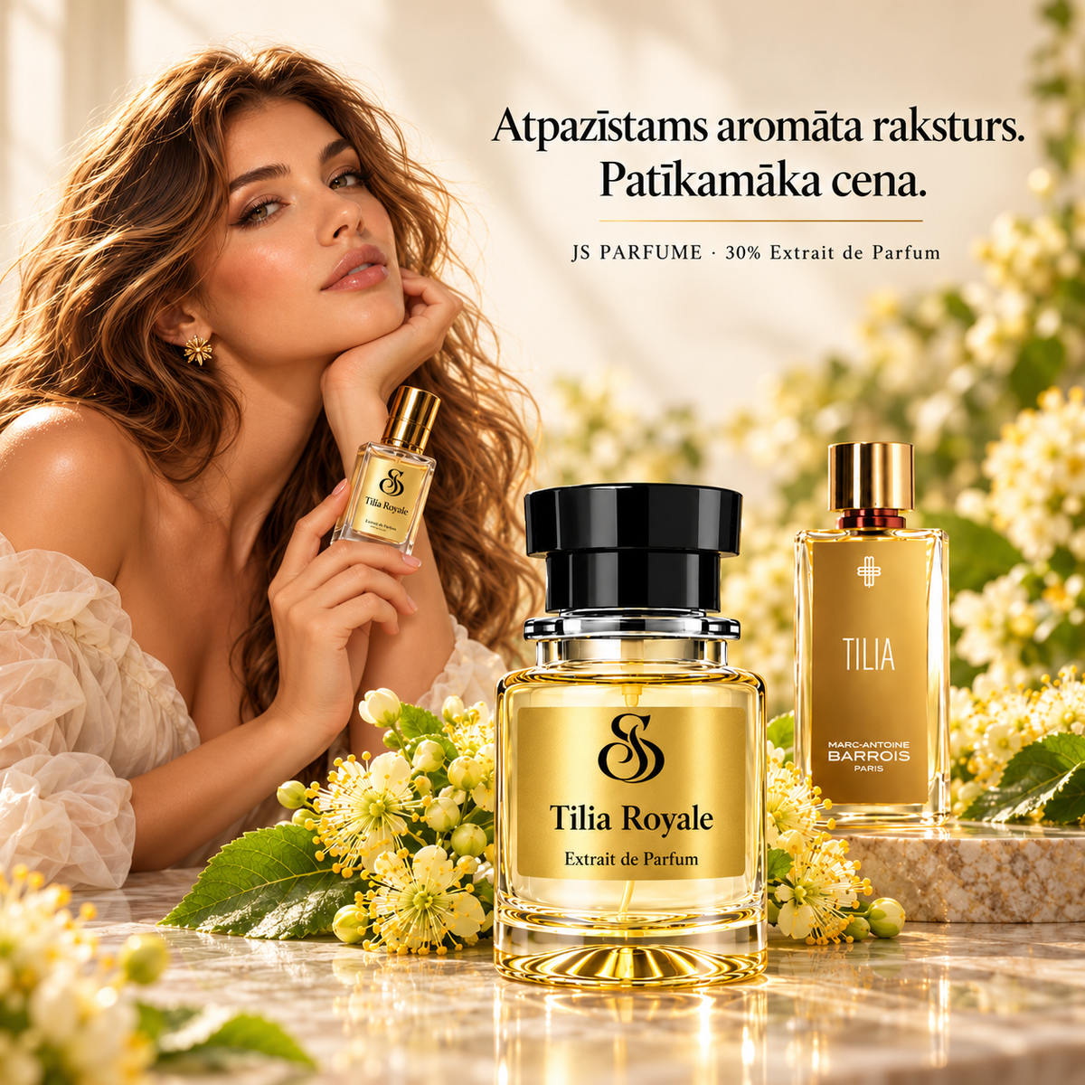 JS PARFUME Tilia Royale priekšplānā un Tilia oriģinālā aromāta pudele fonā